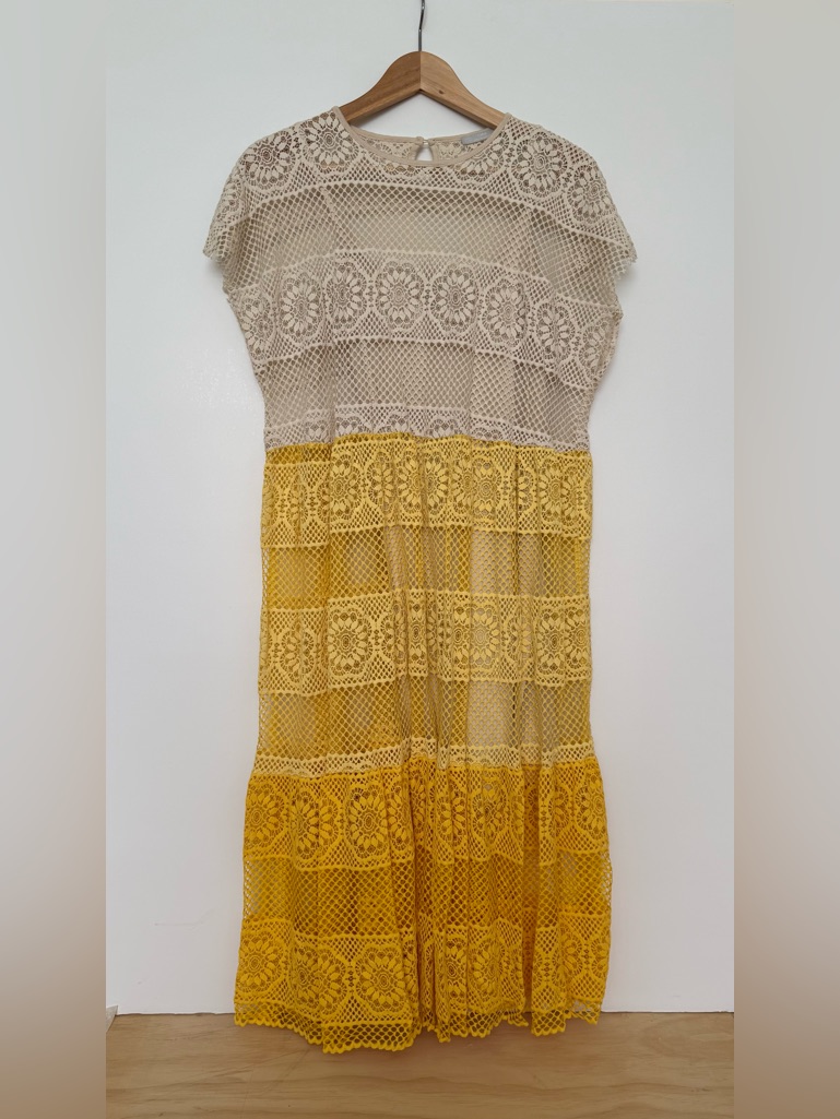 Zara Women Lace Tiered Dress With Cream Top And Yellow Skirt